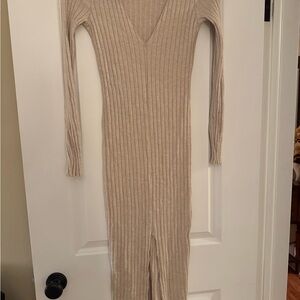 Zara Ribbed Knit Long Sleeve Dress in Beige